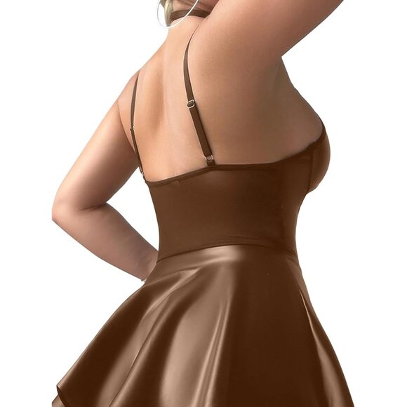 Women Brown Strappy Leather Underwire Choker Garter Belt Lingerie Set Dress - Picture 2 of 6